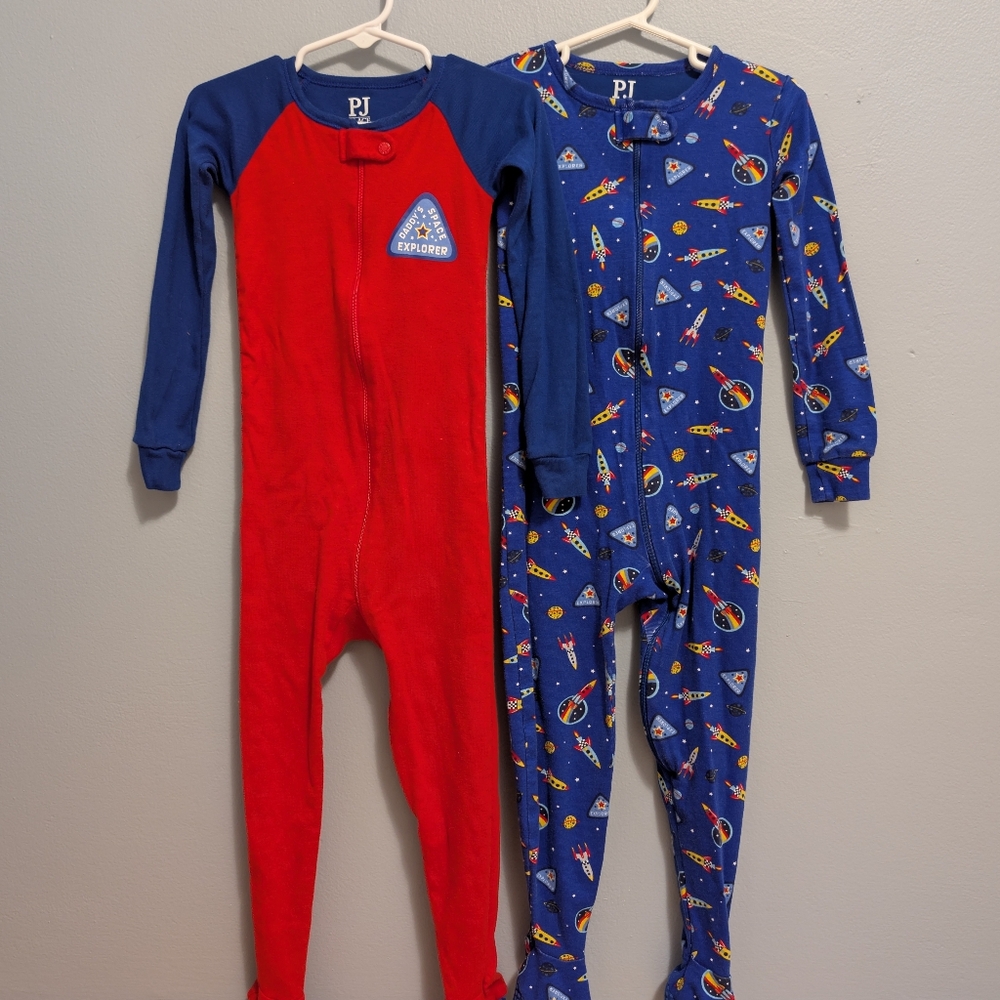 Childrens Place Bundle Kids Space-Themed One Piece Footed Pajamas - Red and Blue